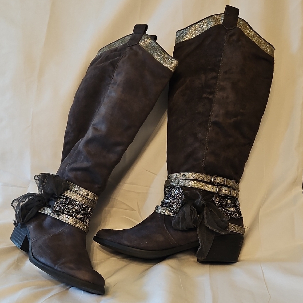 Not Rated Over-the-Knee Brown Suede Boots with Silver Trim